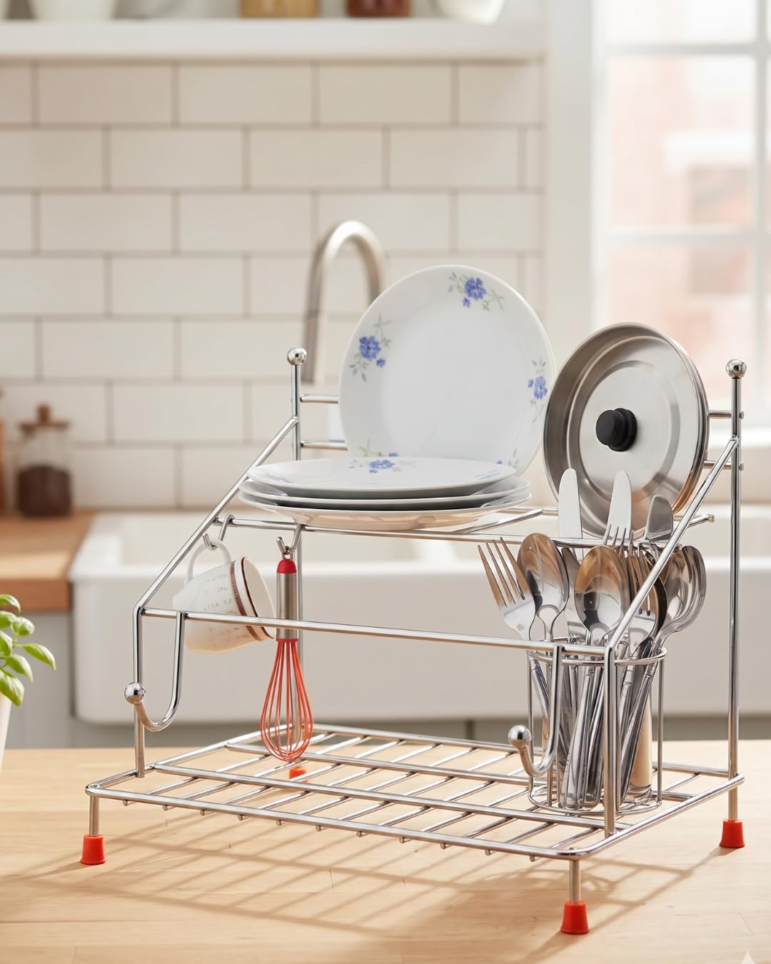 Stainless Steel Cookware Rack with Rolling Pin Holder, countertop chakla belan stand, chapati stand, chakla belan tawa stan