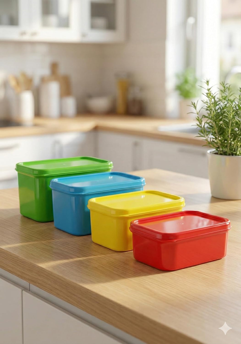 Plastic Food Storage Containers Set, Multicolor (Green, Blue, Yellow, Red), Square Shape, 4 Pieces