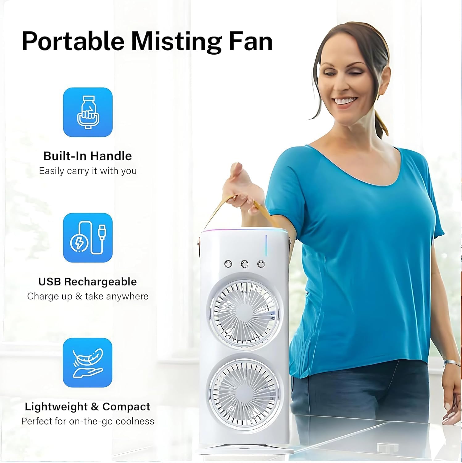 Portable Air Cooler Fan with Mist Function, Dual Fan Design, 700ml Water Tank, USB Powered, Remote Control